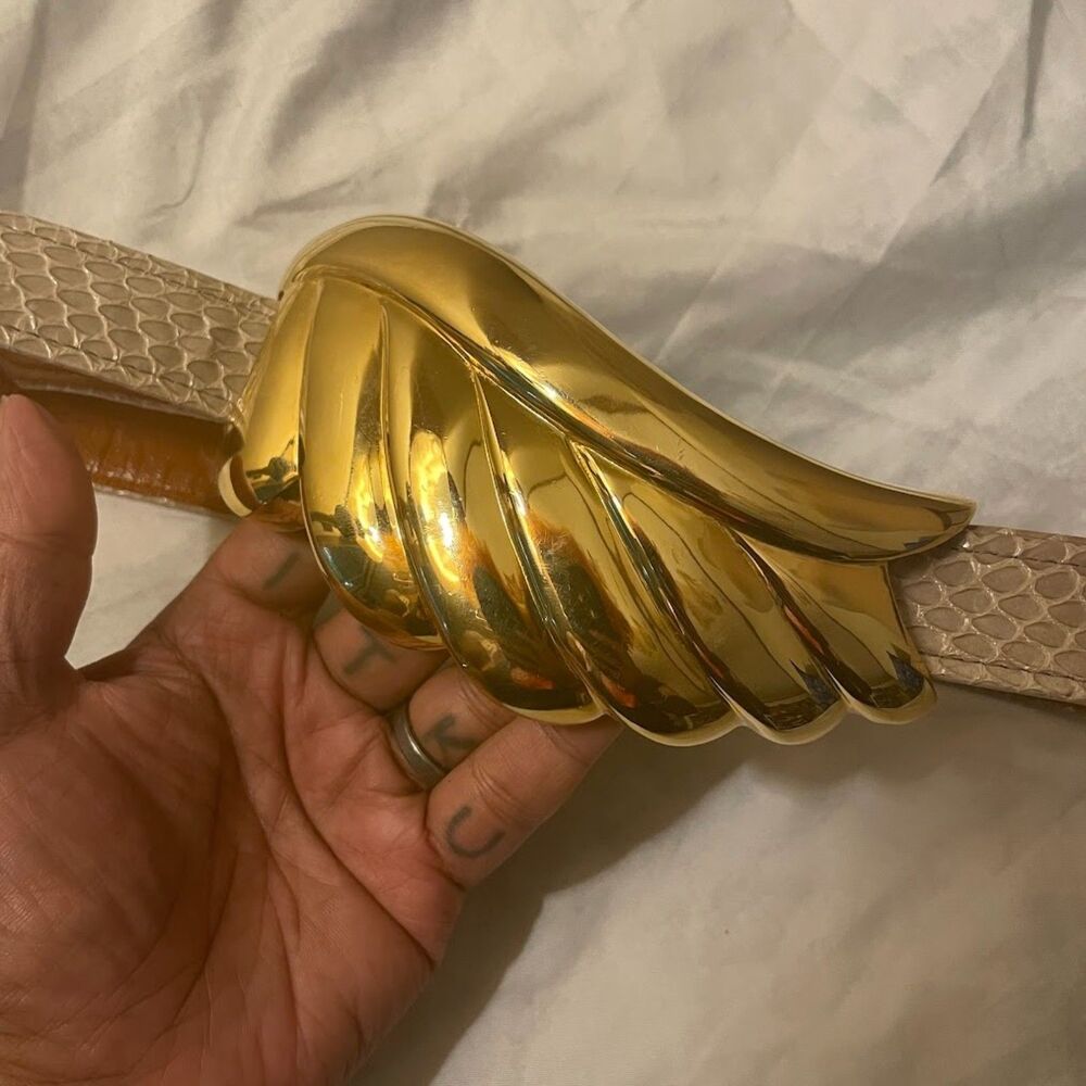 Vintage 80s ALEXIS KIRK Huge WING Buckle Snakeskin Belt Signed